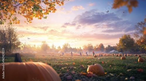 A mystical pumpkin patch at twilight families wandering among giant pumpkins