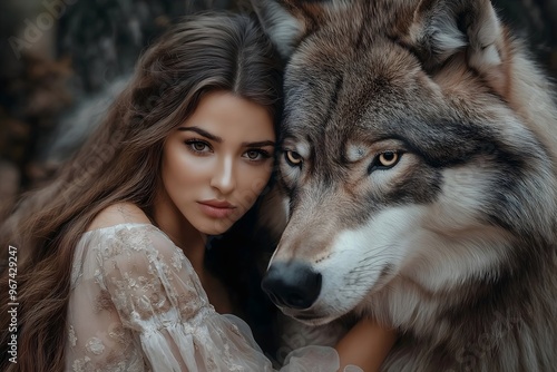 Woman with wolf tamed, evoking beauty and the beast in a wild natural landscape. Strong connection.