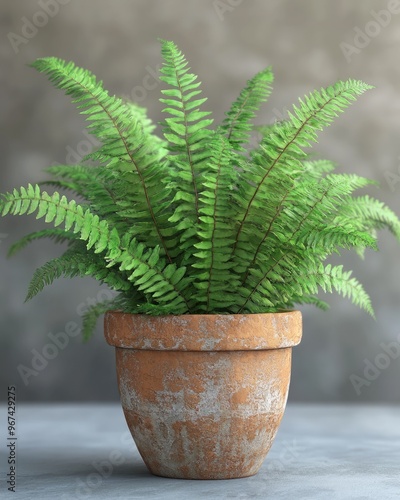 A vibrant green fern in a rustic terracotta pot, adding natural beauty and elegance to indoor decor, perfect for home styling.