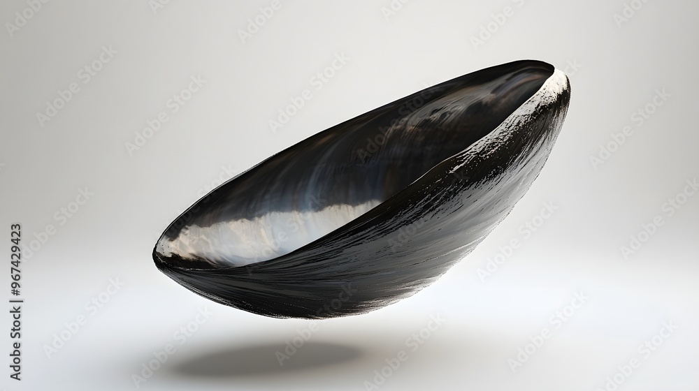 48. **A 3D render of a falling cooked mussel, its dark shell and tender interior contrasted with a pristine white surface 48. **A 3D render of a falling cooked mussel, its dark shell and tender interior contrasted with a pristine white surface