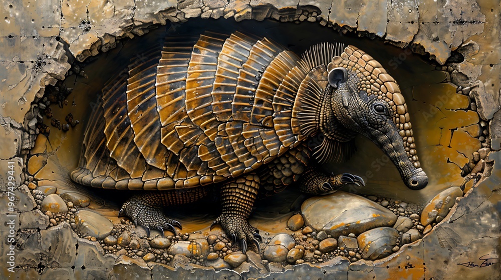 Fototapeta premium Pichciago armadillo burrowing, cross-section of underground tunnels: A cross-section view reveals a Pichciago armadillo burrowing through the earth, its powerful claws carving out an intricate 