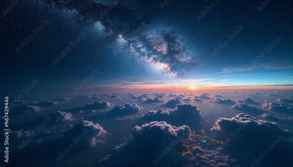 Stunning view of Milky Way over Earth's night glow, highlighting clouds and city lights from space.
Stunning view of Milky Way over Earth's night glow, highlighting clouds and city lights from space.