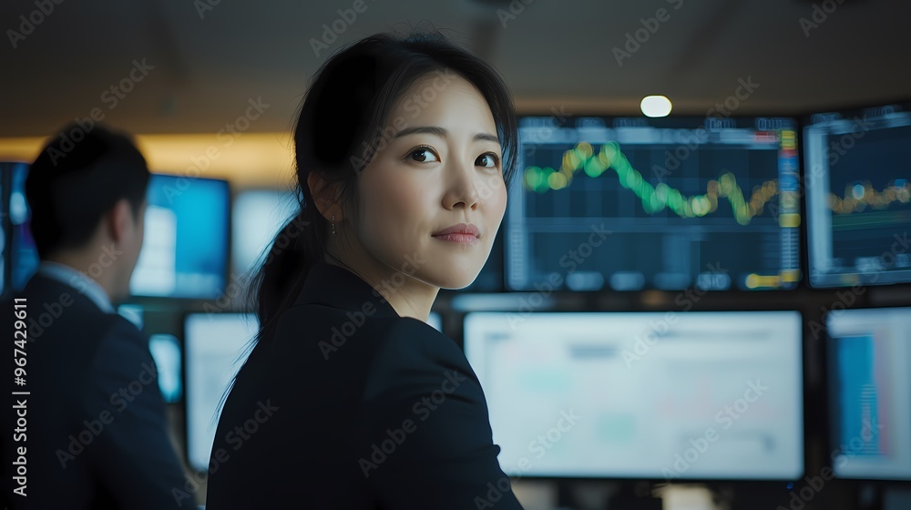 Young Asian woman focused in a financial office with monitors displaying stock data. Young Asian woman focused in a financial office with monitors displaying stock data.