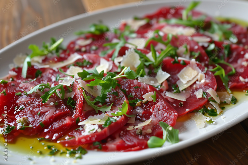 Carpaccio de bœuf servi avec des copeaux de parmesan et une garniture de roquette et huile d'olive sur un plateau blanc. Carpaccio de bœuf servi avec des copeaux de parmesan et une garniture de roquette et huile d'olive sur un plateau blanc.