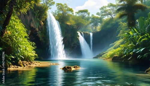 Tranquil waterfall flowing into a crystal-clear pool amid vibrant greenery in a peaceful natural landscape