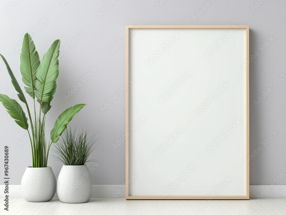Minimalist Interior Design with Houseplants and Blank Vertical Frame on Light Wooden Floor Minimalist Interior Design with Houseplants and Blank Vertical Frame on Light Wooden Floor