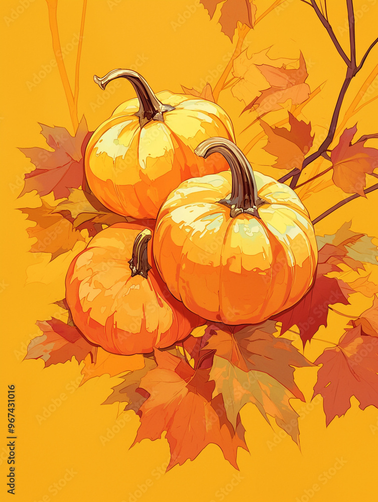 Naklejka premium Pumpkin in autumn foliage. illustration.