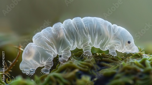 Tardigrade in moss droplet, electron microscope view: An electron microscope captures the incredible details of a tardigrade within a droplet of moss, showcasing its nearly indestructible form 