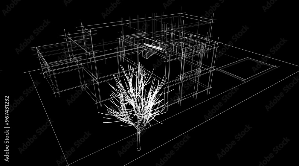 Fototapeta premium Architectural sketch of modern building 3d rendering