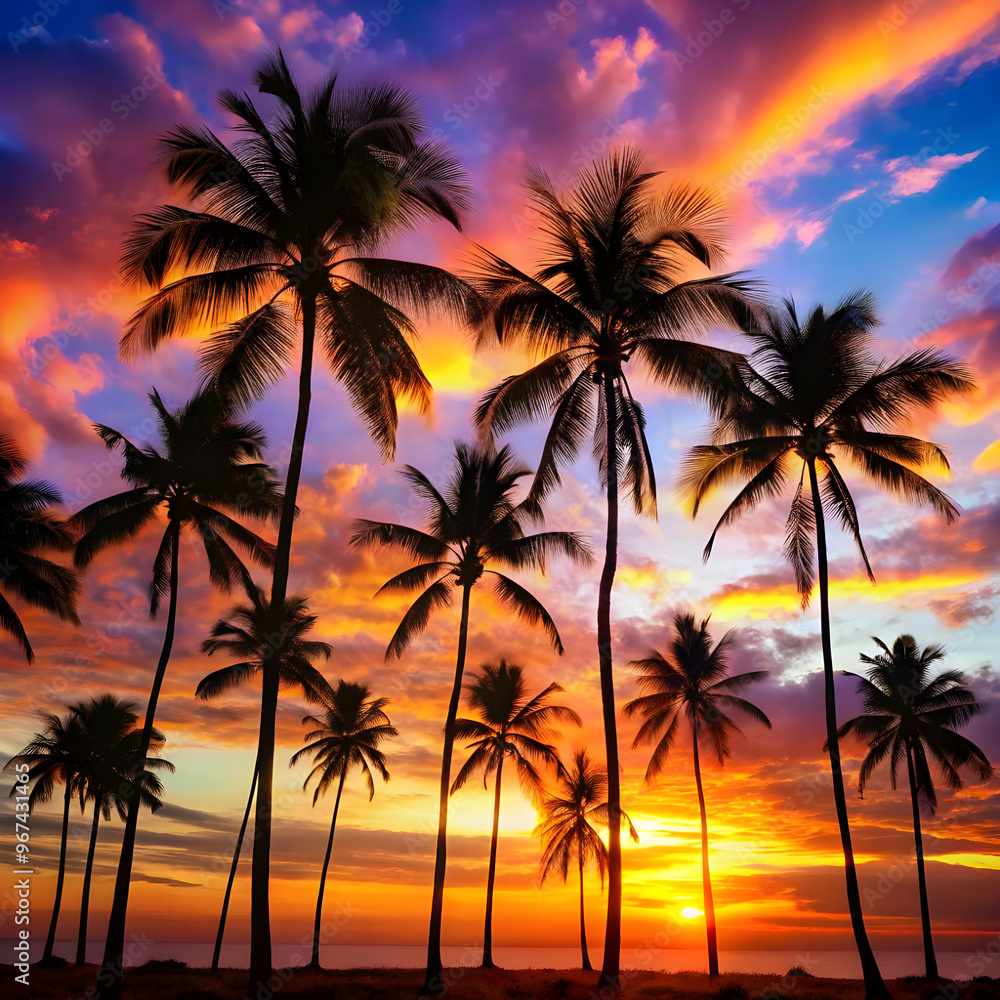 Obraz premium silhouette of palm trees with colorful sky