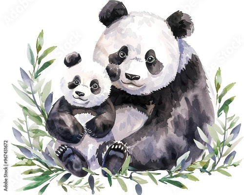 Happy Mother's Day. Cute mother and baby panda together. Watercolor Vector illustration photo