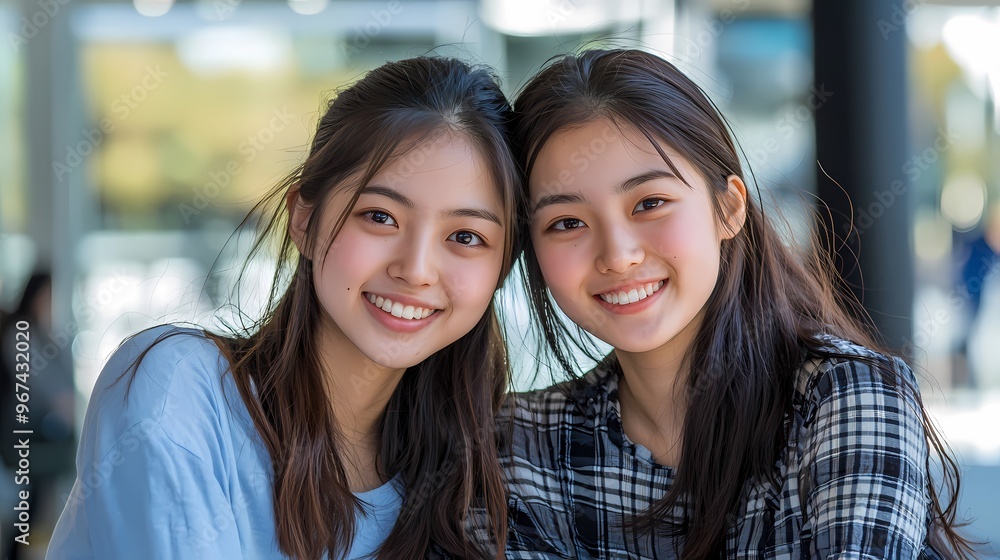 Two young Asian women smiling together in a bright, modern setting. Two young Asian women smiling together in a bright, modern setting.