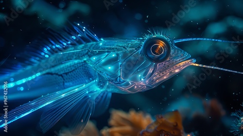 Viperfish with bioluminescent lure, deep sea hunting scene: A viperfish lurks in the deep sea, its bioluminescent lure glowing in the dark waters as it prepares to ambush unsuspecting prey with  photo