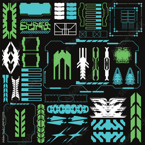 cyberpunk y2k 2000s gaming futuristic icon pattern  set collection template hud for branding fashion t-shirt decoration decals, 2d illustration rendering vector 