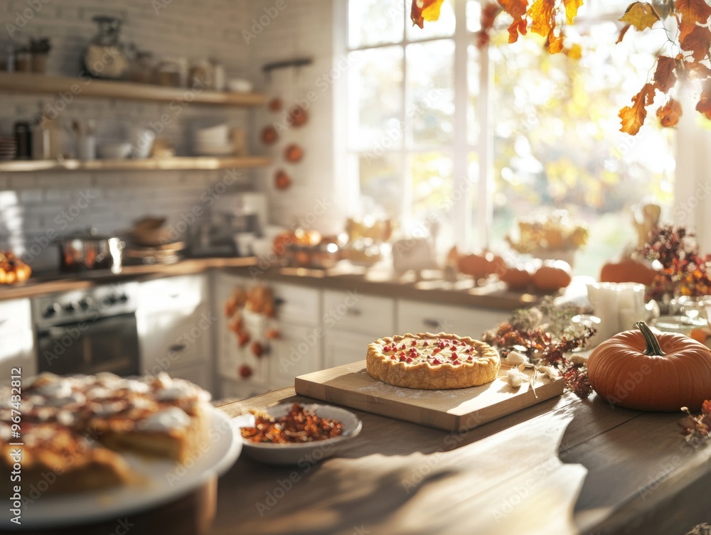 A rustic kitchen filled with pumpkins a family baking pumpkin pies together A rustic kitchen filled with pumpkins a family baking pumpkin pies together
