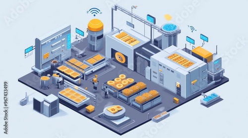 Conceptual illustration of a smart food factory with IoT devices monitoring production and quality control