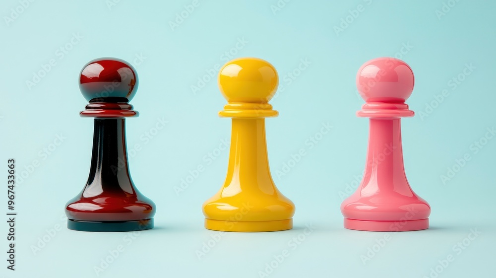 Three Colorful Chess Pawns on Blue Background