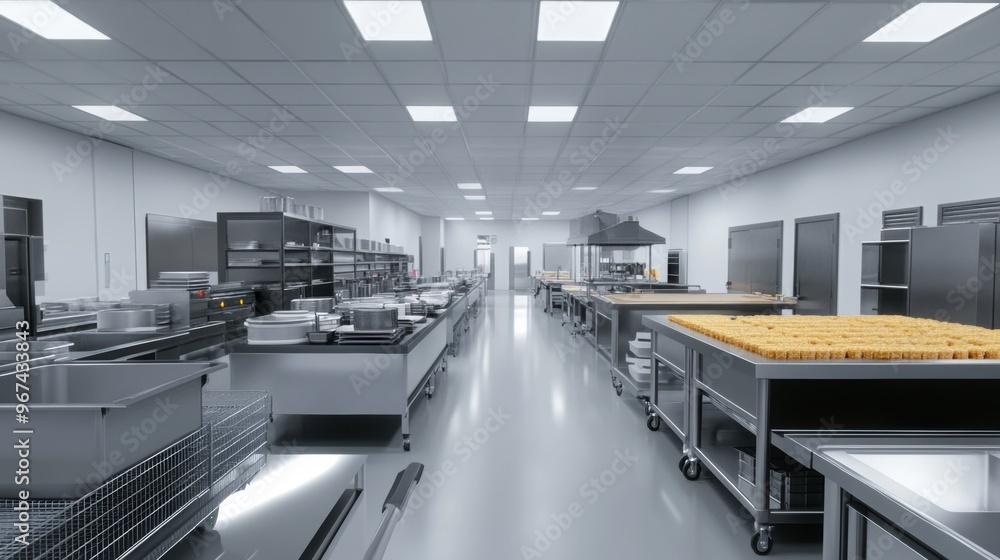 Visual representation of an industrial kitchen setup in a large-scale catering or meal prep facility Visual representation of an industrial kitchen setup in a large-scale catering or meal prep facility