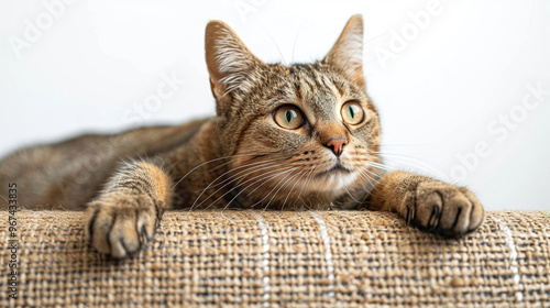 cat scratching furniture on white background panoramic view