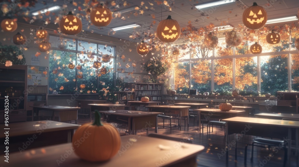 Naklejka premium A spooky classroom with floating jack-o-lanterns eerie orange glow