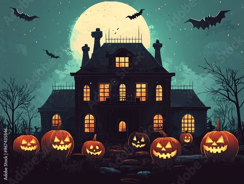 Spooky haunted house with jack-o'-lanterns, eerie vibe, flat design illustration photo