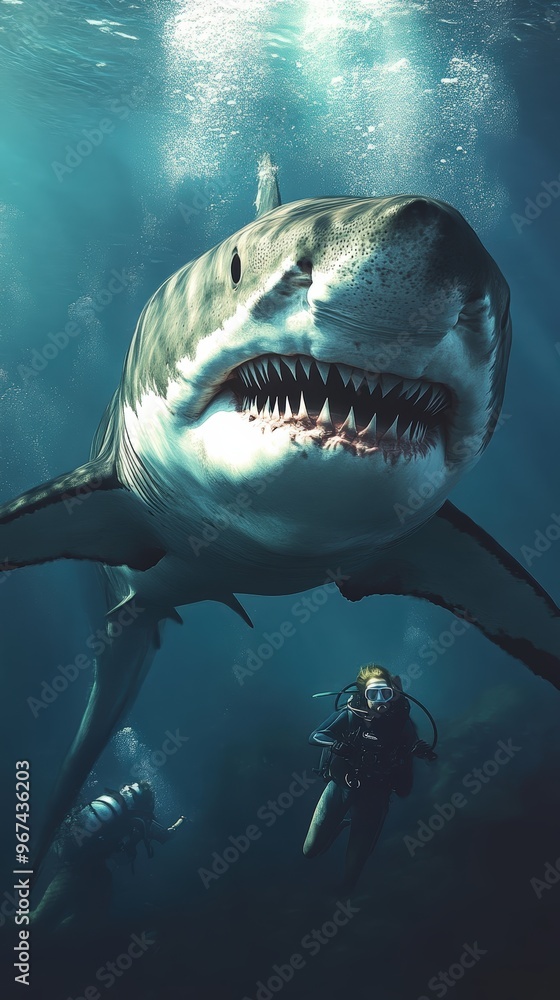 Fototapeta premium Great white shark swims near diver