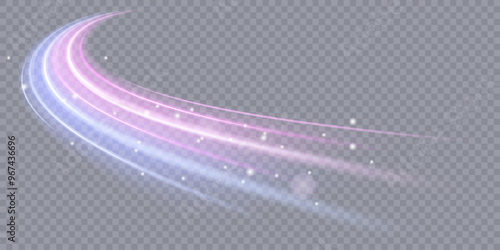 Light effect of high speed movement of light speed along a curved trajectory of bright blue-violet flickers. Dynamic movement of high speed light energy. Vector 