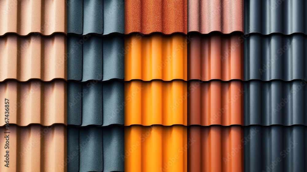 Close-up of variously colored metal roofing sheets arranged in rows, showcasing different textures and finishes. Colors include brown, blue, orange, red, and black. Close-up of variously colored metal roofing sheets arranged in rows, showcasing different textures and finishes. Colors include brown, blue, orange, red, and black.