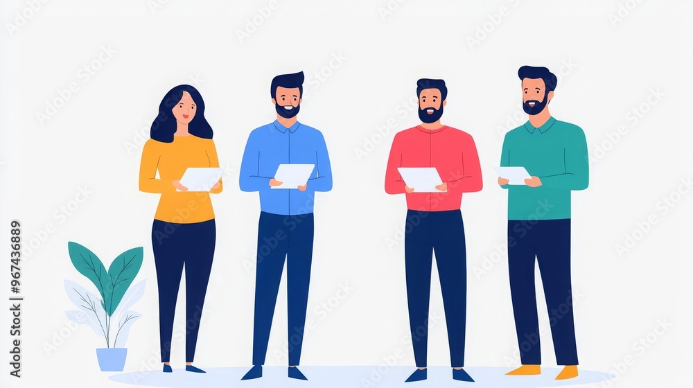 A group of diverse professionals engaging in a discussion while using digital tablets in a minimalist office environment. A group of diverse professionals engaging in a discussion while using digital tablets in a minimalist office environment.