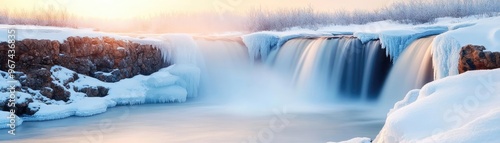 Frozen waterfall in a polar landscape, snow blanketing the rocks, freezing mist rising, stark and majestic, deep cold colors