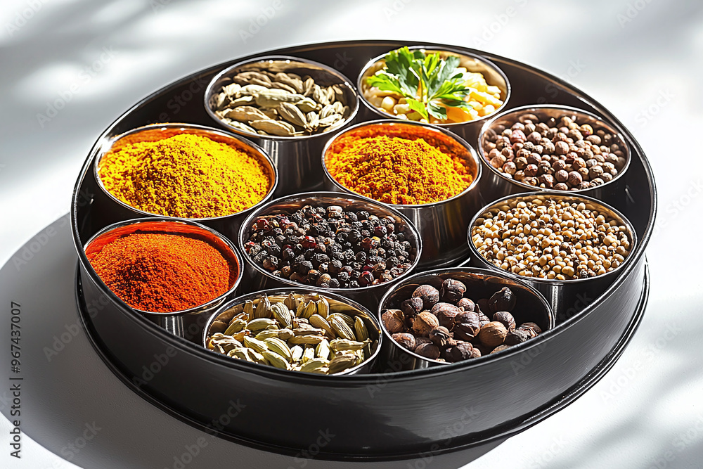 a traditional Indian spice tray (masala dabba) filled with colorful spices, representing Indian cuisine a traditional Indian spice tray (masala dabba) filled with colorful spices, representing Indian cuisine