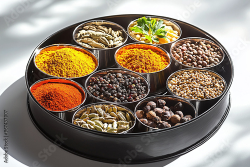 Fototapeta Naklejka Na Ścianę i Meble -  a traditional Indian spice tray (masala dabba) filled with colorful spices, representing Indian cuisine