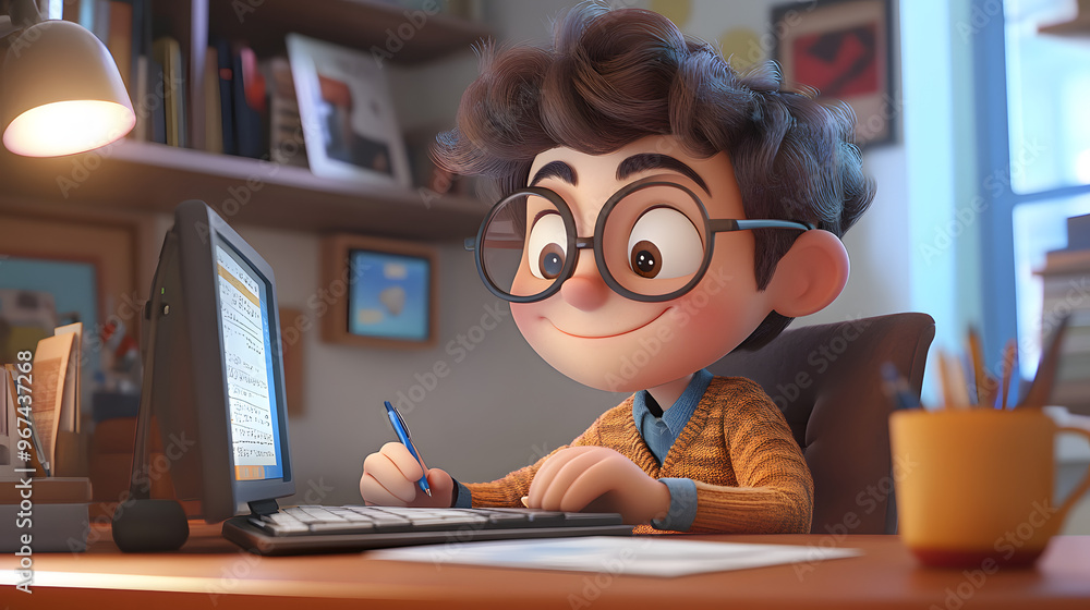 A cartoon character cute Writer working A cartoon character cute Writer working
