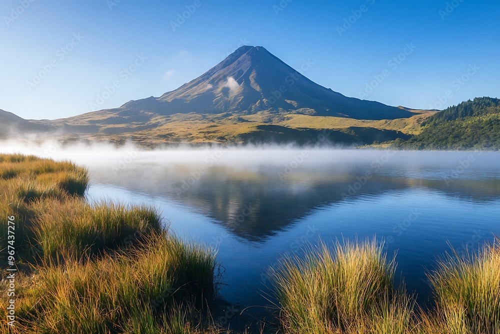 Obraz premium Sunset light on tops of mountains with reflections in lake
