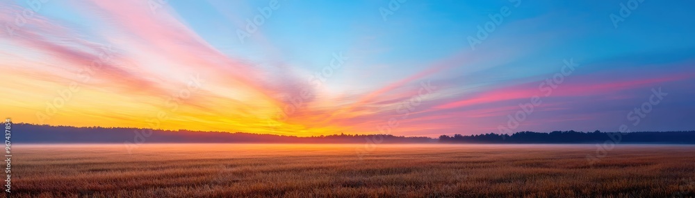 Obraz premium A summer field at sunrise, the sky painted in soft pastels, with low-lying mist creating an ethereal ambiance, the perfect balance of warmth and coolness