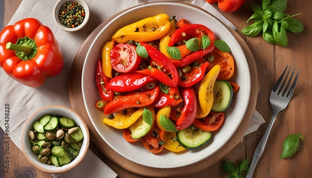 Fresh gourmet vegetarian meal with grilled tomato and bell pepper Fresh gourmet vegetarian meal with grilled tomato and bell pepper