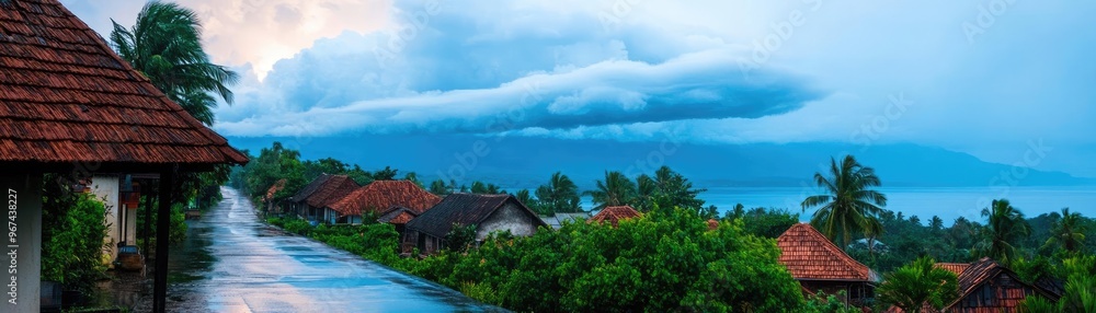 Cyclone clouds spiraling above a damp, rain-soaked village, rooftops glistening with moisture, a severe weather report warning flashing prominently Cyclone clouds spiraling above a damp, rain-soaked village, rooftops glistening with moisture, a severe weather report warning flashing prominently