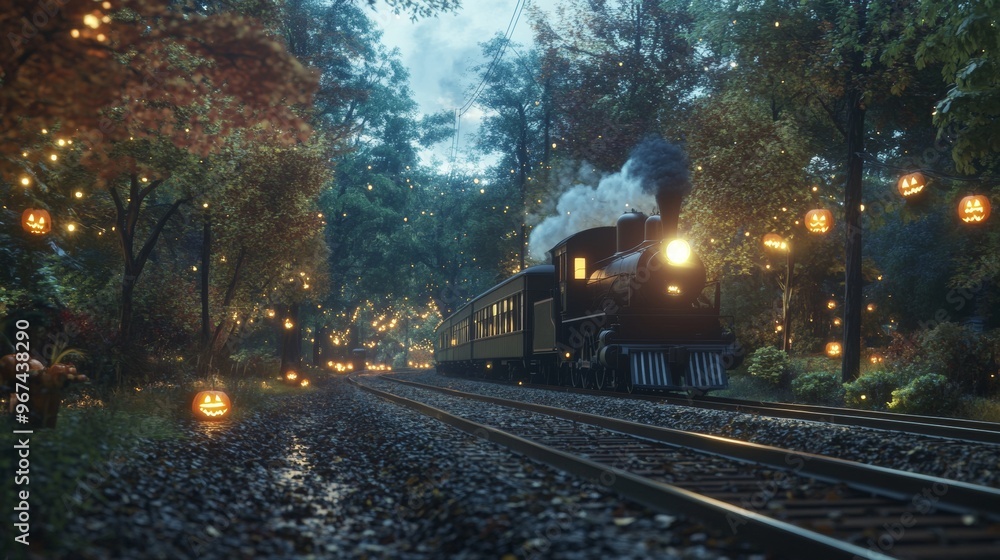 Fototapeta premium A spooky Halloween train ride through a haunted forest