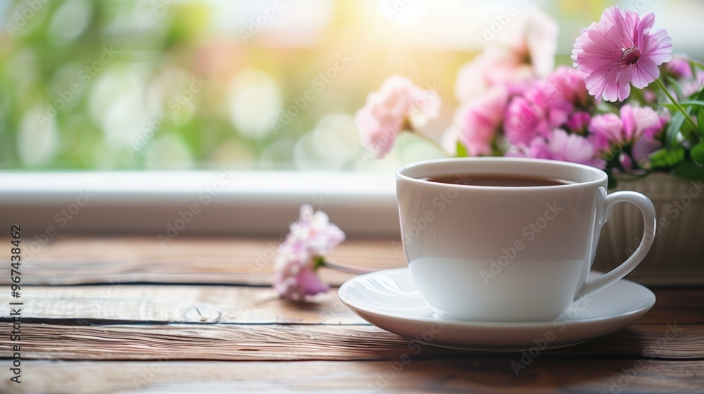 Serene Morning Coffee on Wooden Table with Blooming Pink Flowers and Sunlight Serene Morning Coffee on Wooden Table with Blooming Pink Flowers and Sunlight
