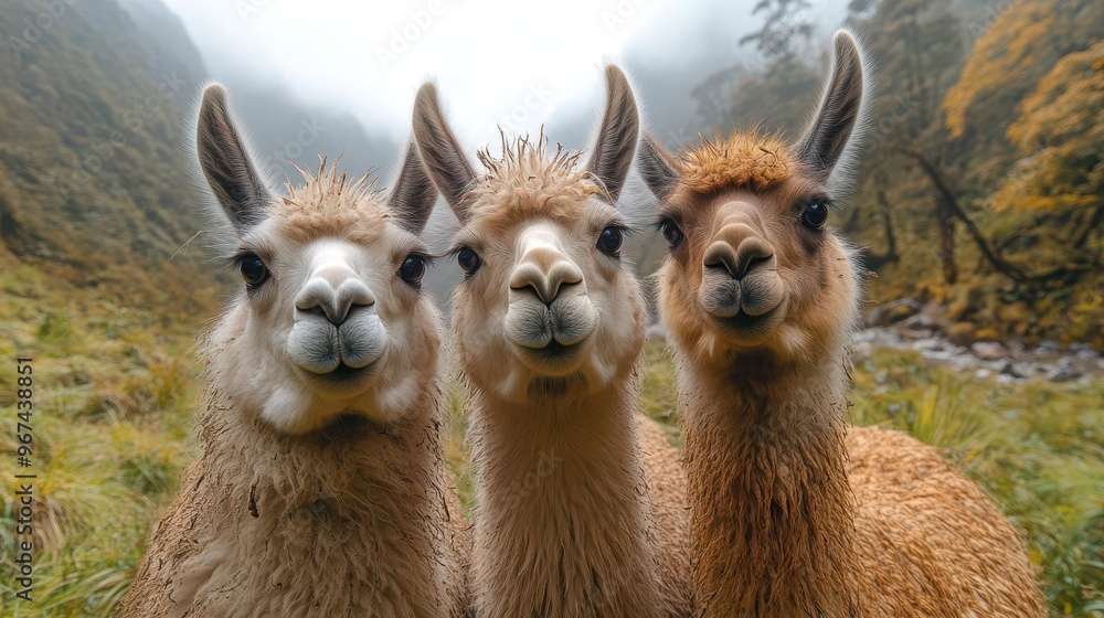 Obraz premium whimsical portrait of three curious llamas heads tilted in unison against backdrop of misty andean mountains