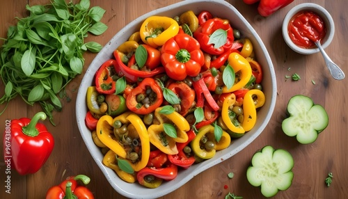 Fresh gourmet vegetarian meal with grilled tomato and bell pepper