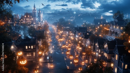 A spooky Halloween village with pumpkins glowing on the rooftops