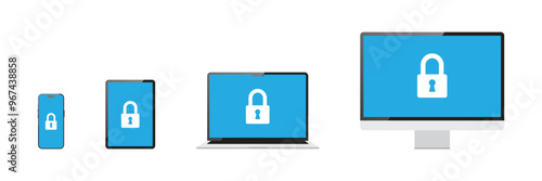 Protected devices: phone, tablet, laptop, monitor with a lock icon on the screen.