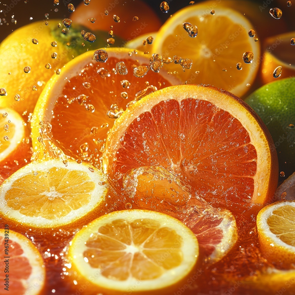 Slices of oranges and lemons with water droplets splashing, perfect for refreshing drink advertisements, health and wellness marketing, or vibrant summer-themed designs, Slices of oranges and lemons with water droplets splashing, perfect for refreshing drink advertisements, health and wellness marketing, or vibrant summer-themed designs,