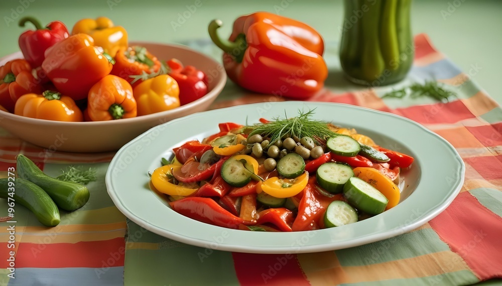 Fresh gourmet vegetarian meal with grilled tomato and bell pepper Fresh gourmet vegetarian meal with grilled tomato and bell pepper