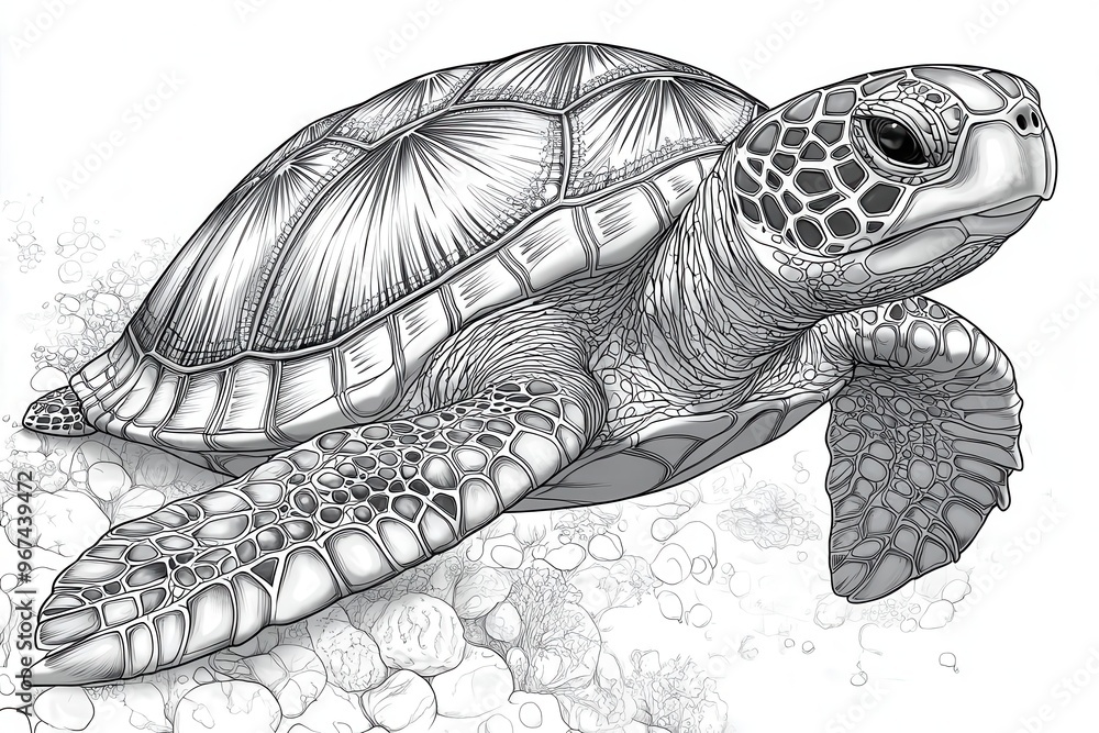 whimsical sea turtle line art for coloring book intricate patterns on ...