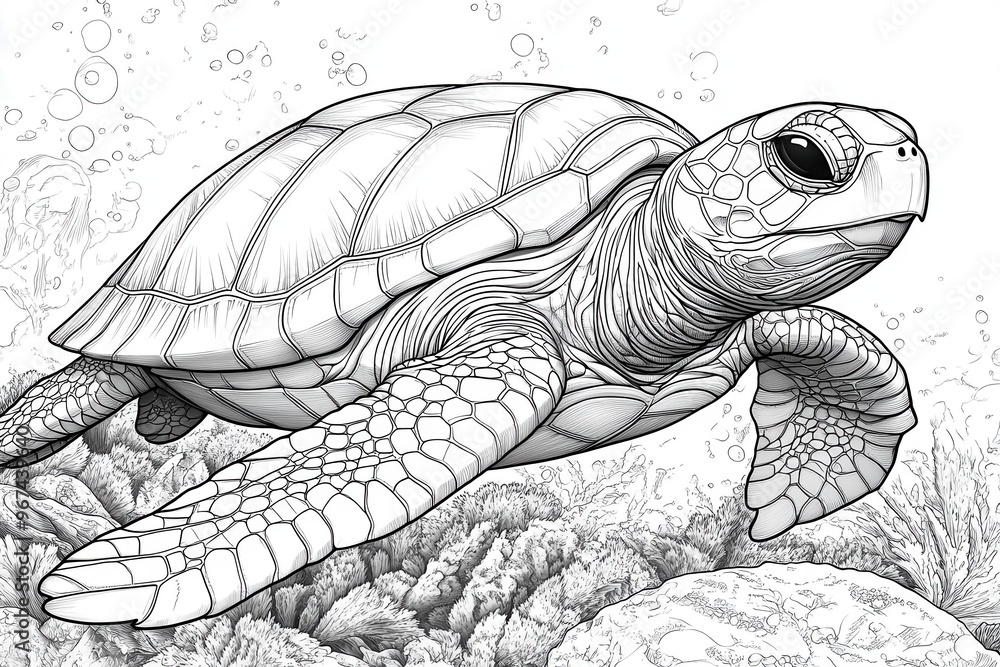 whimsical sea turtle line art for coloring book intricate patterns on ...