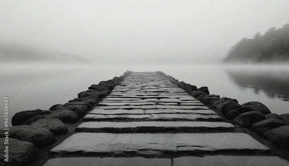 Obraz premium A stone path stretches into a fog-covered lake, flanked by rocks, fading into the mist. Trees on the right add depth to the serene, mysterious scene.