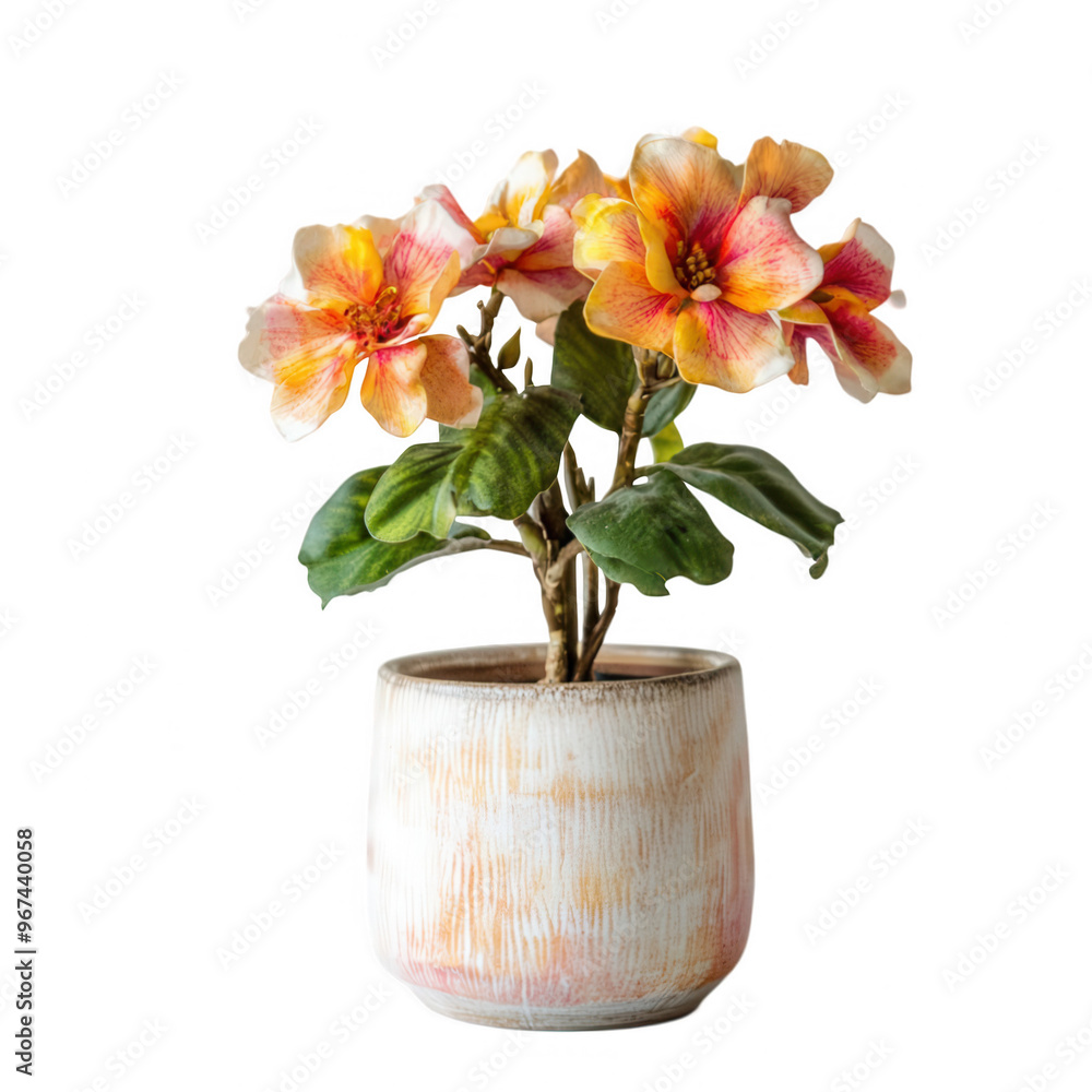 Naklejka premium A decorative potted plant featuring vibrant flowers and lush green leaves.