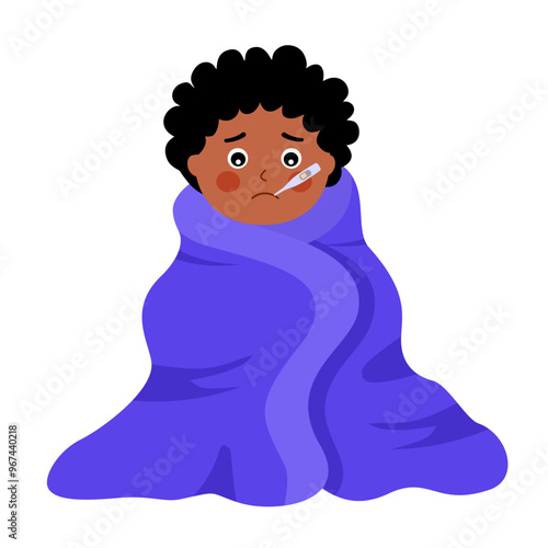 Sick Child suffering from flu with blanket. Boy kid has fever and take thermometer in mouth. Cold or influenza disease concept. Season allergy.